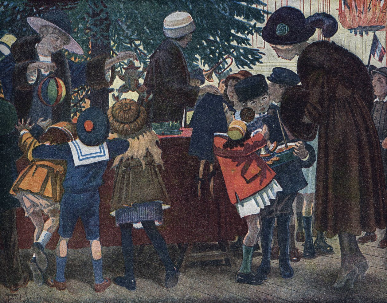 Lorraine Elsassilaisten joulukuusi: Elsassin ja Lorraine (Alsace-Lorraine) lapset tulevat hakemaan lahjojaan kaupungille tarjotun joulukuusen ympäriltä. Robert Sallesin (1871-1929) kuvitus teoksessa "" Je sais Lire"". tekijältä Robert Salles
