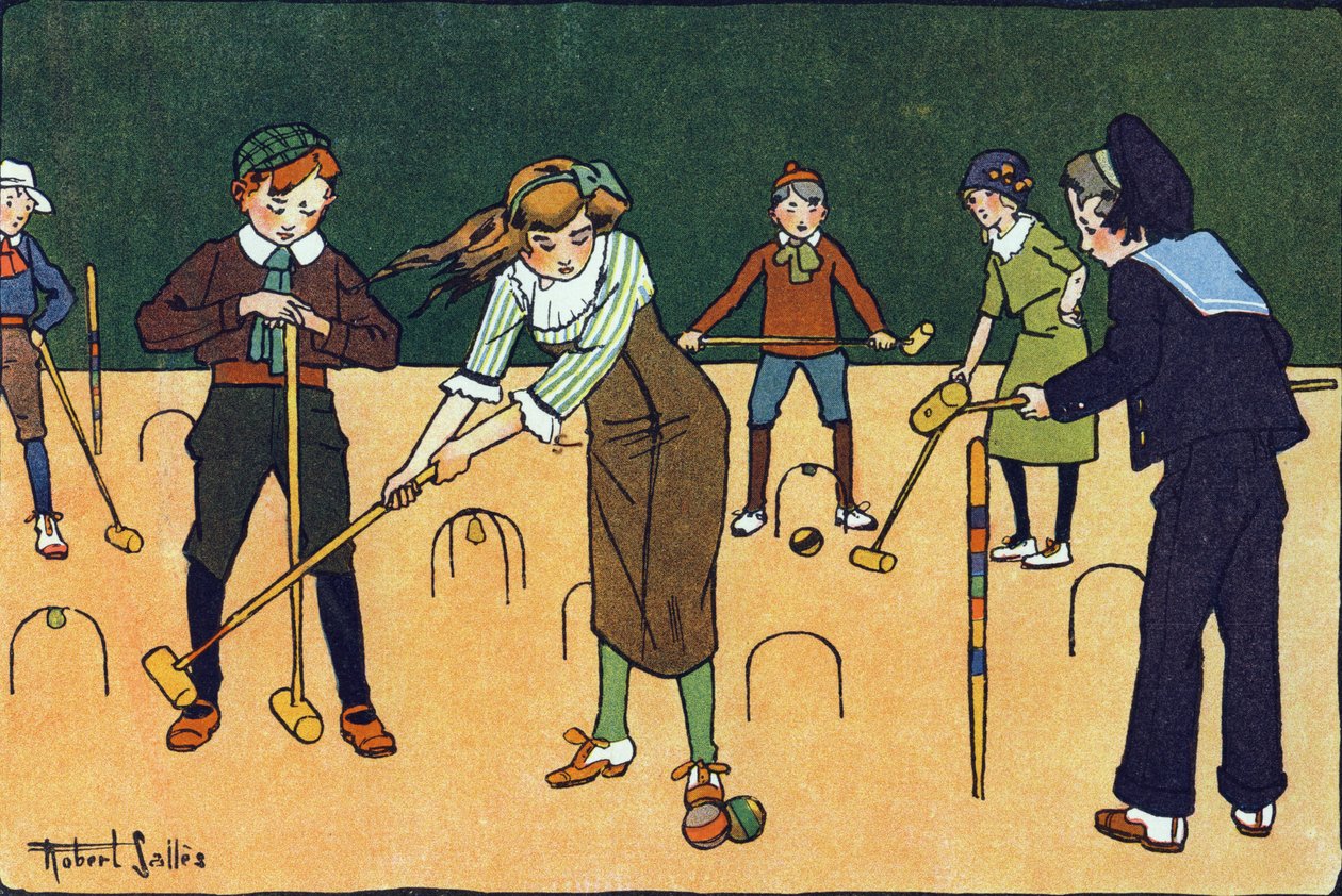 Kroketti. Kaiverrus "" Mitä me pelaamme? E. Weberin "" Robert Sallesin (1871-1929) akvarellipiirroksilla. Librairie Garnier Freres, Pariisi tekijältä Robert Salles