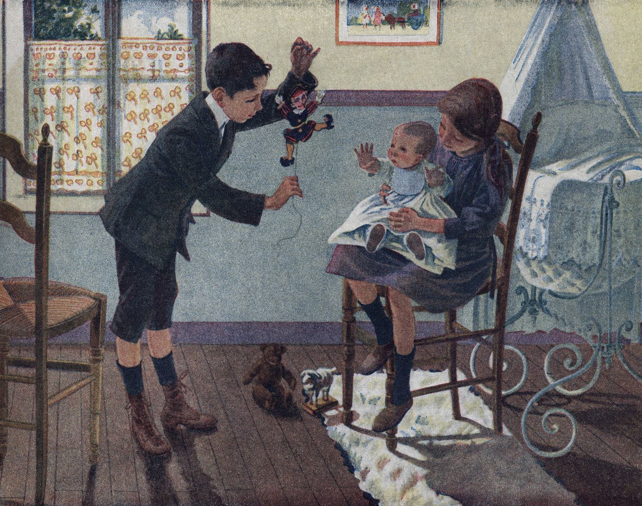Pikkuveljen koulutus: huoneessa isosiskonsa sylissä istuva vauva katselee nukkea, jonka veli herää. Robert Sallesin (1871-1929) kuvitus teoksessa "" Je sais Lire"". tekijältä Robert Salles