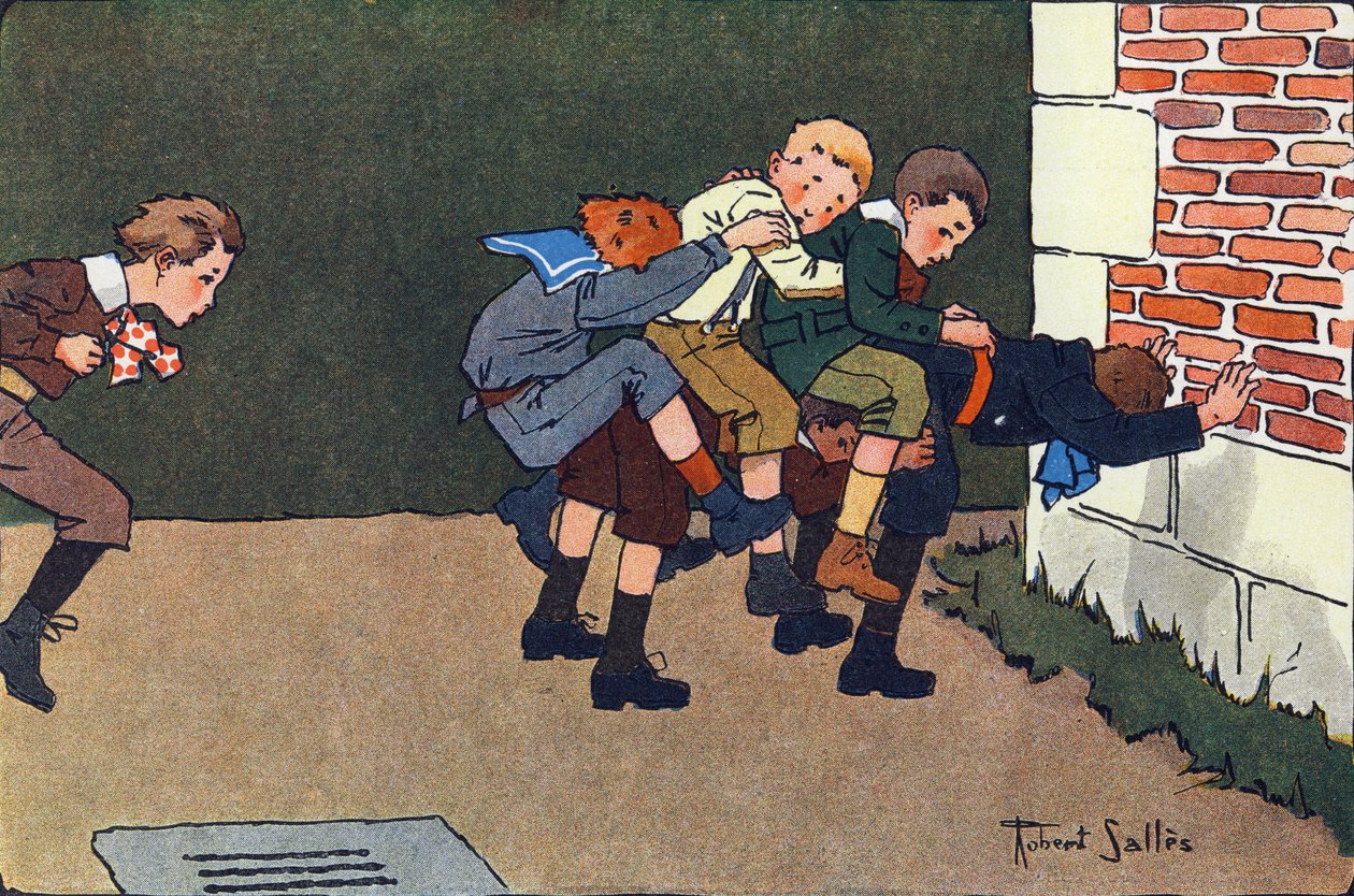 Hevonen suli (kun hyppäät, sinun täytyy hypätä kalihurhoni toisen lapsen selkään, kolkuttamatta muita). Kaiverrus "" Mitä me pelaamme? E. Weberin "" Robert Sallesin (1871-1929) akvarellipiirroksilla. Librairie Garnier Frere tekijältä Robert Salles