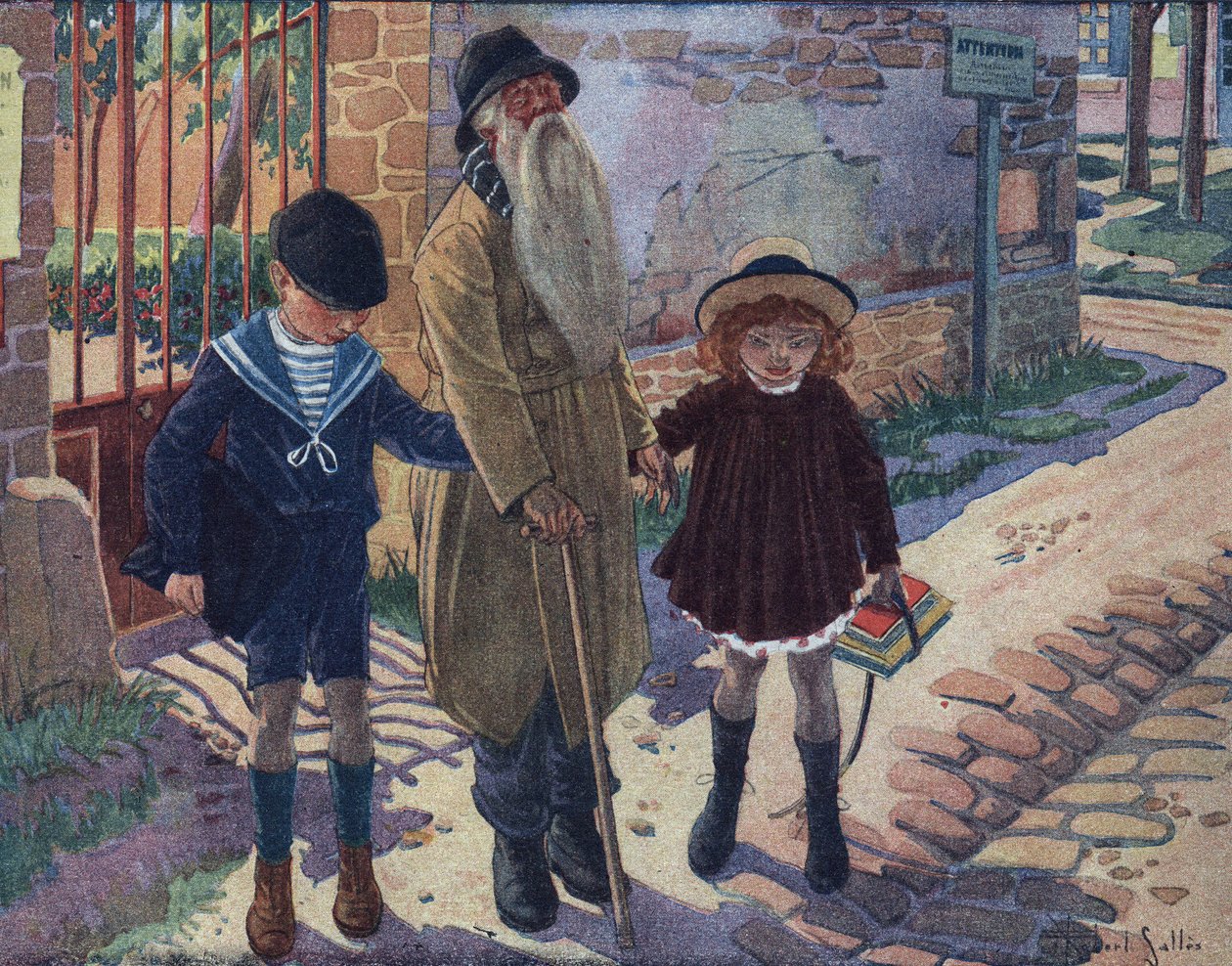 Sokean keppi: kaksi lasta auttaa sokeaa vanhaa miestä kävelemään. Robert Sallesin (1871-1929) kuvitus teoksessa "" Je sais Lire"". tekijältä Robert Salles