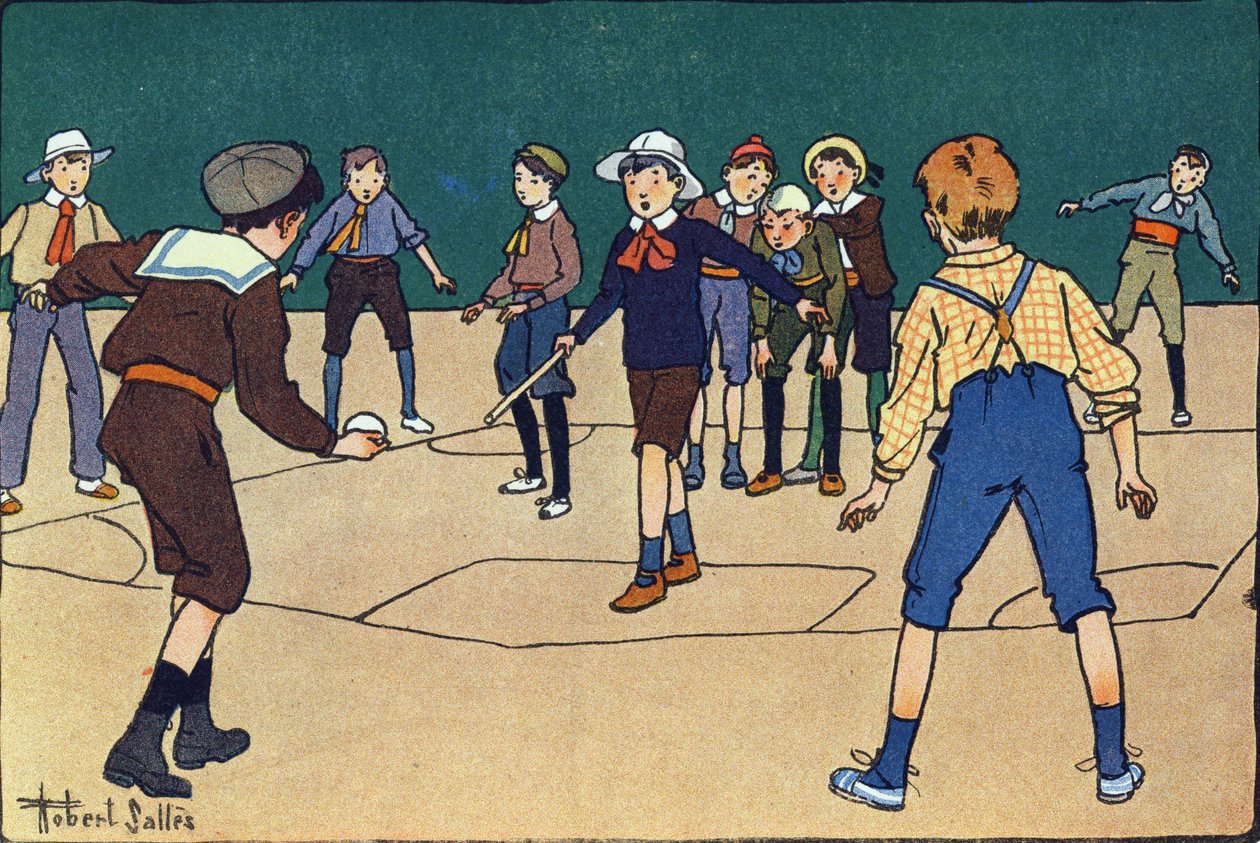 Theque (joukkuepeli pallolla ja mailalla). Kaiverrus "" Mitä me pelaamme? E. Weberin "" Robert Sallesin (1871-1929) akvarellipiirroksilla. Librairie Garnier Freres, Pariisi tekijältä Robert Salles