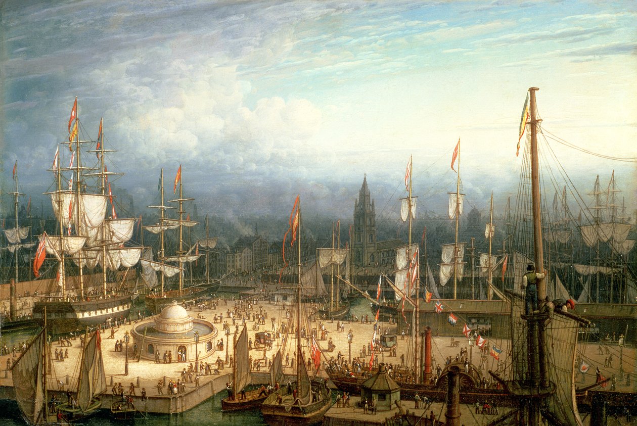 Nelimastoinen Clipper-laiva Liverpoolin satamassa, n. 1810 tekijältä Robert Salmon