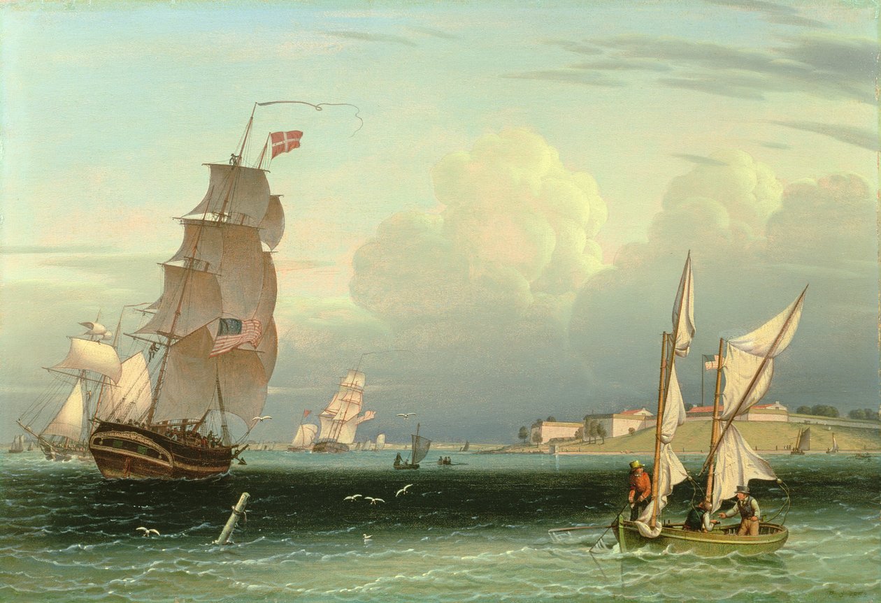 Laiva lähdössä, Fort Independence, Bostonin satama, 1832 tekijältä Robert Salmon