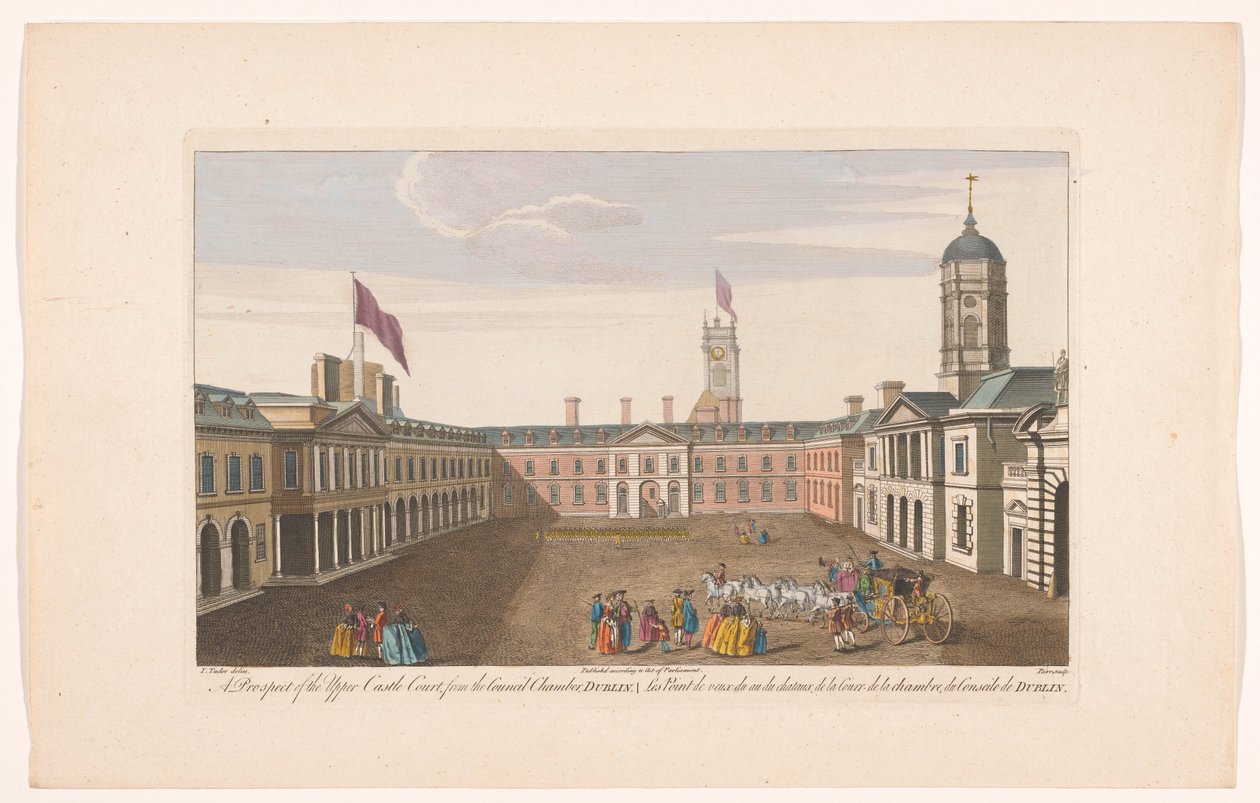 Gezicht op de Upper Castle Yard Dublinin linnassa Upper Castle Courtin mahdollisuus Dublinin neuvoston kamarista (esineessä oleva otsikko) tekijältä Robert Sayer (possibly)