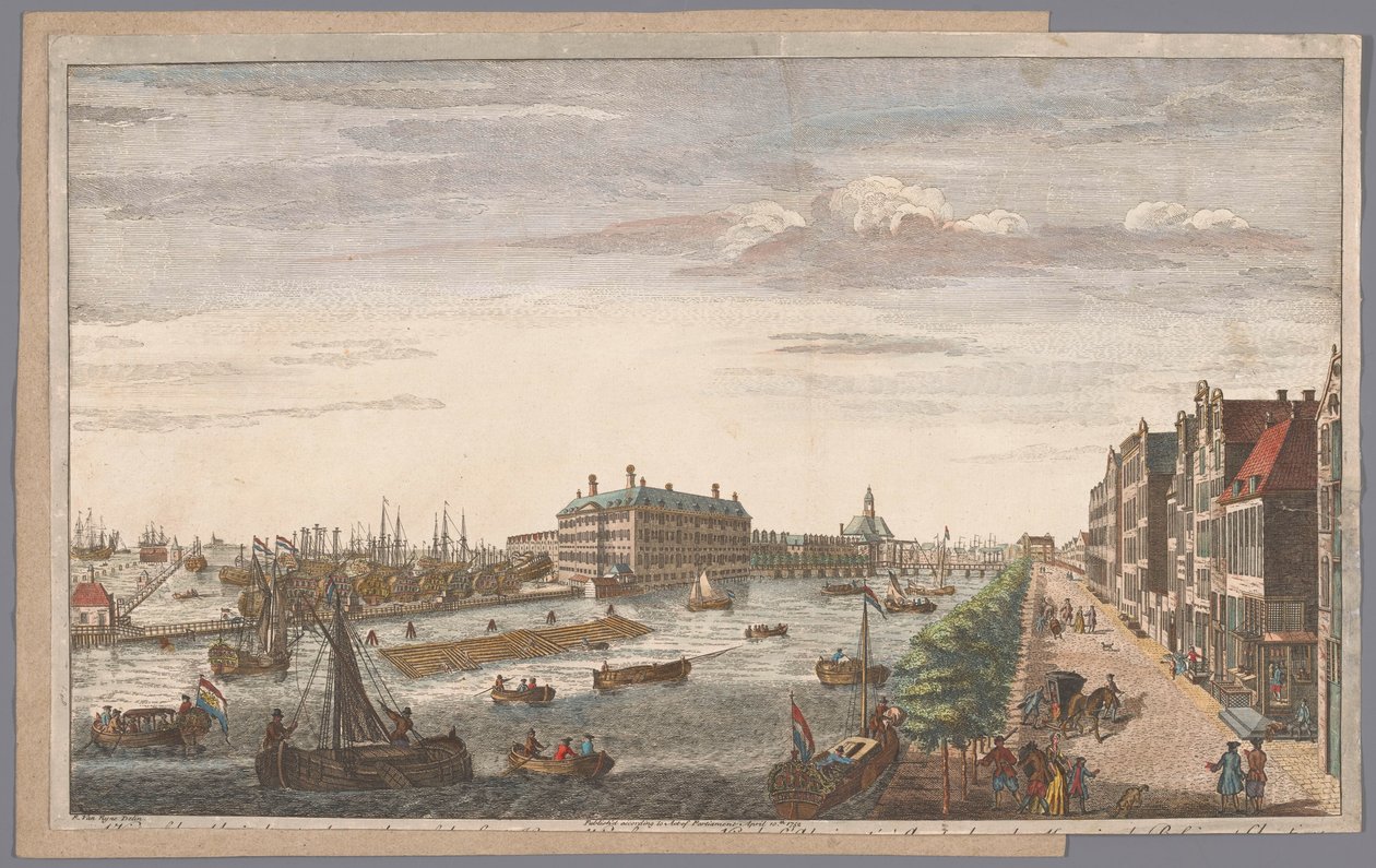 Gezicht op het Admiraliteitsmagazijn te Amsterdam Näkymä Amsterdamin amiraliteetista, siihen kuuluvista kauppataloista, laitureista ja telakoista sekä East India Company of Hollandista (otsikko esineessä) tekijältä Robert Sayer (possibly)