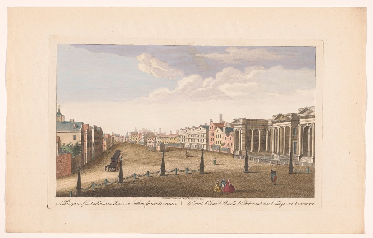 Näkymä parlamenttitalolle College Green Squarella Dublinissa Mahdollisuus parlamenttitaloon College Greenissä, Dublinissa (otsikko esineessä) tekijältä Robert Sayer (possibly)