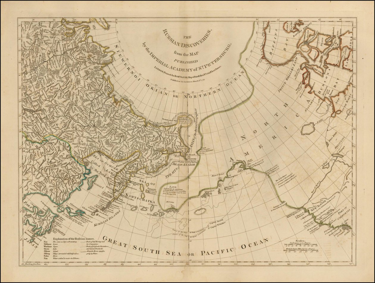 Kartta vuodelta 1775 - Venäjän löytöretket, Pietarin keisarillisen akatemian julkaisemasta kartasta. tekijältä Robert Sayer