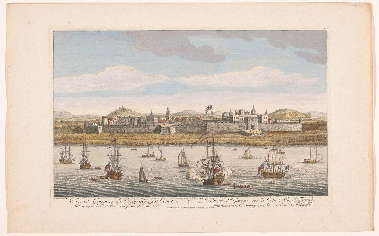 Näkymä Saint Georgen linnakkeelle Madrasissa Fort St George Coromandelin rannikolla. Kuuluu East India Company of Englandiin (otsikko esineessä) VOC-ratkaisut (sarjan nimi) tekijältä Robert Sayer