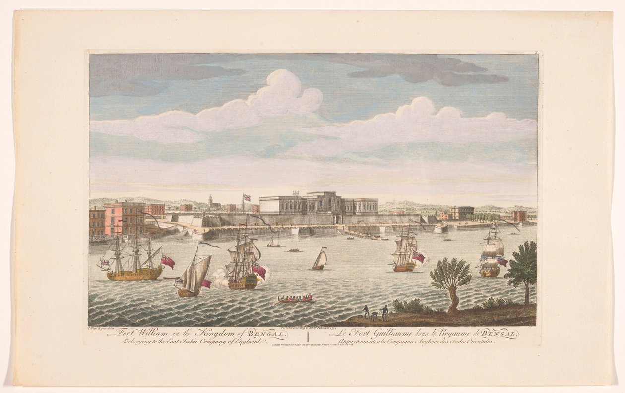 Näkymä Fort Williamiin Kalkutassa Fort William Bengalin valtakunnassa. Kuuluu East India Company of Englandiin (otsikko esineessä) VOC-ratkaisut (sarjan nimi) tekijältä Robert Sayer