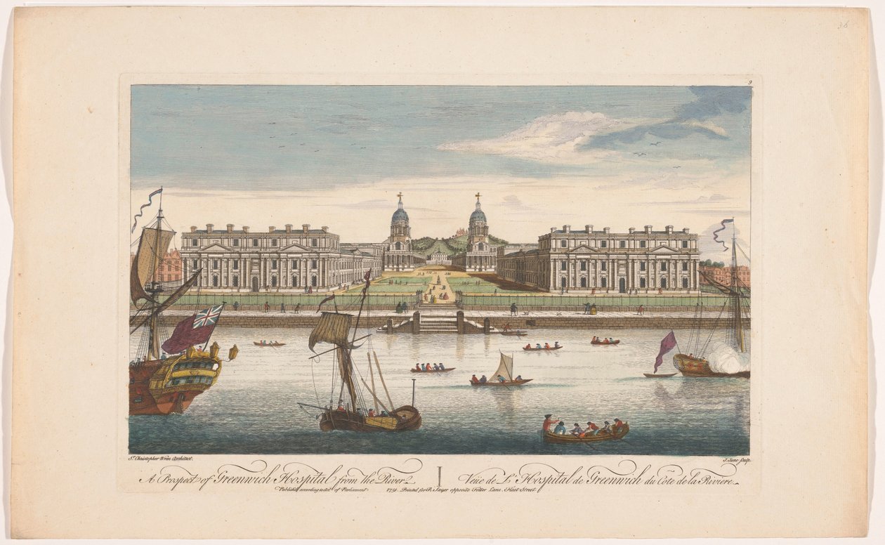 Näkymä Greenwichin sairaalasta Thames-joella Greenwichissä Greenwichin sairaalan näkymät joelta (otsikko esineessä) Lontoo (sarjan nimi) tekijältä Robert Sayer