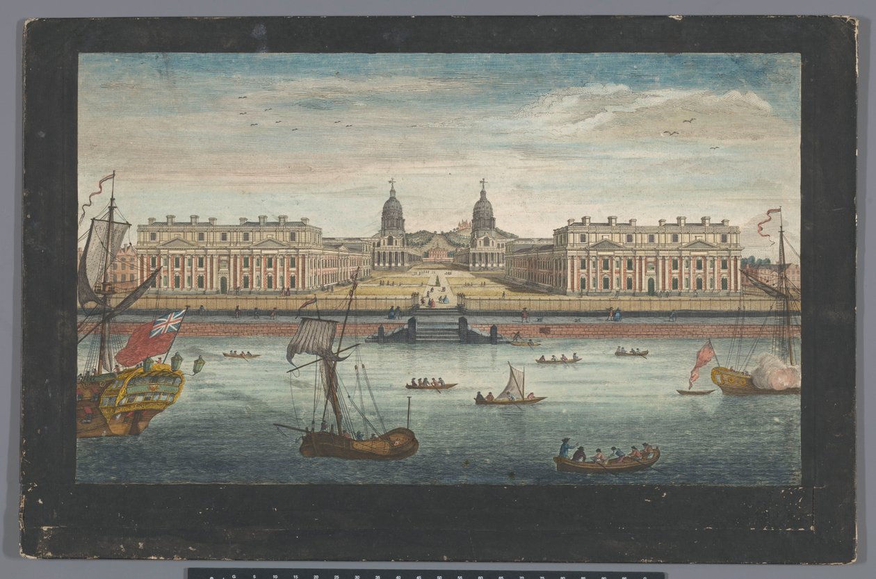 Näkymä Greenwichin sairaalasta Thames-joella Greenwichissä Greenwichin sairaalan näkymät joelta (otsikko esineessä) Lontoo (sarjan nimi) tekijältä Robert Sayer