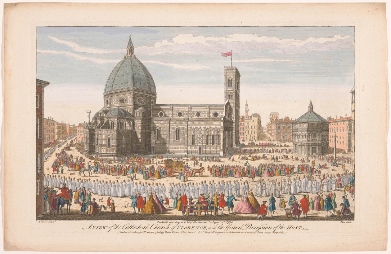Näkymä Firenzen Duomolle ja kulkue Corpus Christille Näkymä Firenzen katedraalikirkolle ja isännän suuri kulkue (otsikko esineessä) Firenze (sarjan nimi) tekijältä Robert Sayer