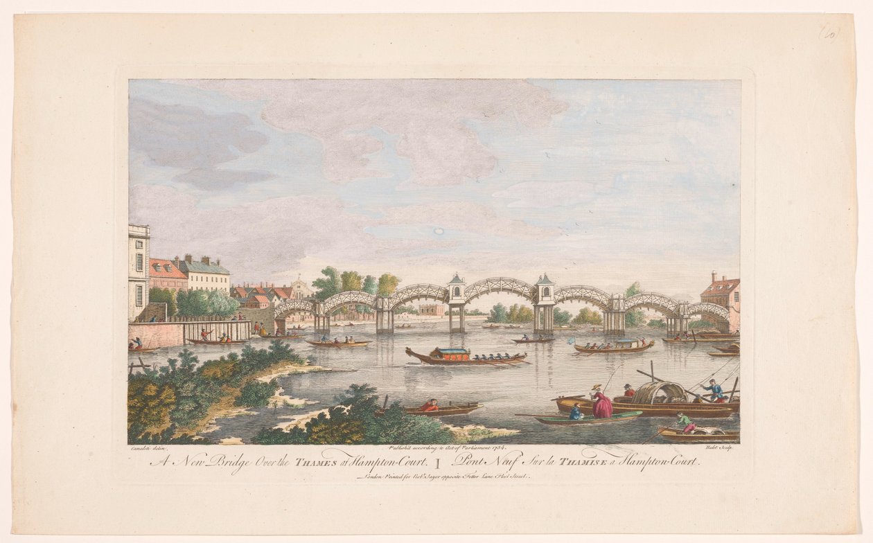 Näkymä Hampton Courtin sillalle Thames-joen yli Hamptonin ja East Moleseyn välillä Uusi silta Thamesin yli Hampton Courtissa (otsikko esineessä) tekijältä Robert Sayer