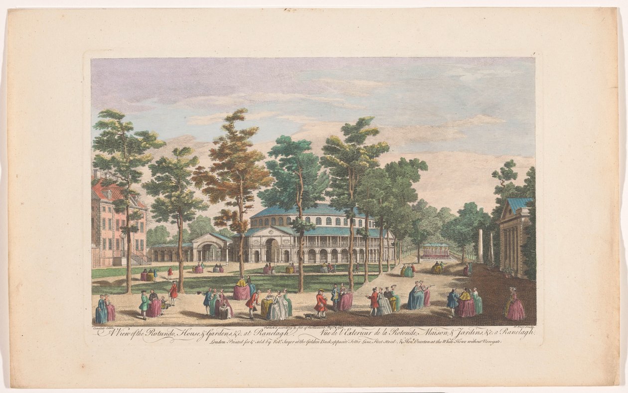 Näkymä Rotundalle Ranelagh Gardensissa Lontoossa Näkymä Rotundoon, taloon ja puutarhoihin jne. Ranelaghissa (otsikko esineessä) Ranelagh Gardens ja Vauxhall Gardens (sarjan nimi) tekijältä Robert Sayer