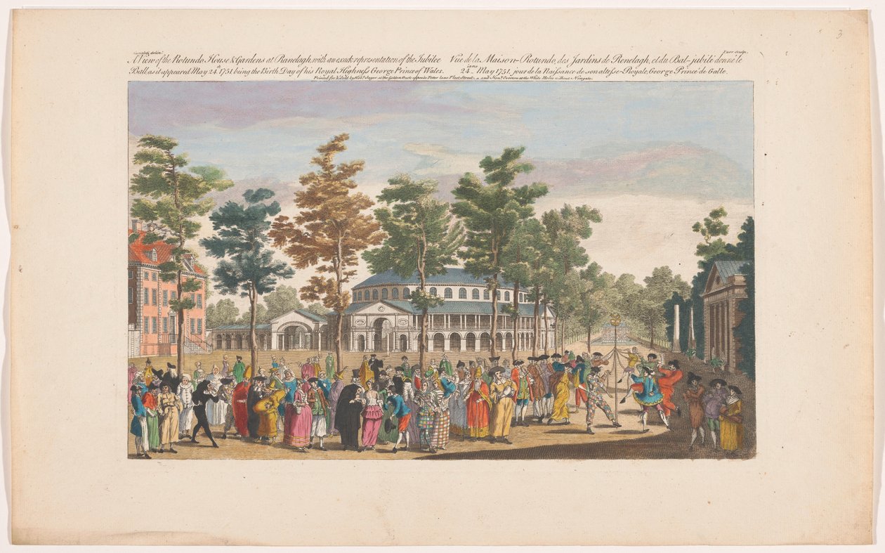 Näkymä Rotundalle Ranelagh Gardensissa Lontoossa ja naamiaiset Walesin prinssin syntymäpäivän kunniaksi 24. toukokuuta 1751 Näkymä Rotundo, House & Gardens Ranelaghissa, jossa on tarkka esitys juhlavuoden pallosta, koska se on tekijältä Robert Sayer