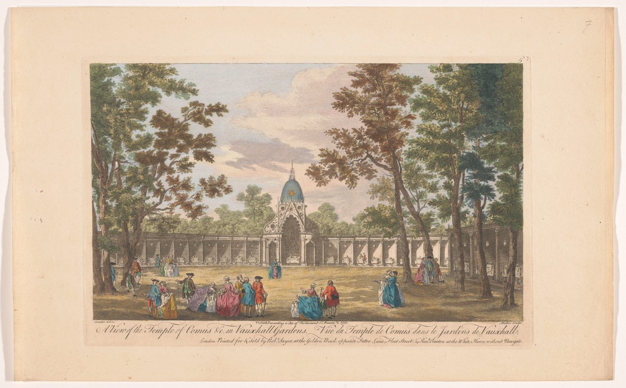 Gezicht op de Temple of Comus Vauxhall Gardens te Londenissa Näkymä Comuksen temppelille jne. Vauxhall Gardensissa (otsikko esineessä) Ranelagh Gardens ja Vauxhall Gardens (sarjan nimi) tekijältä Robert Sayer