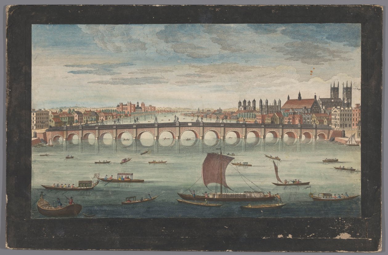 Näkymä Westminster Bridgeltä Thames-joen yli Lontoossa pohjoisesta katsottuna Etelänäkymä Westminster Bridgestä (otsikko esineessä) tekijältä Robert Sayer