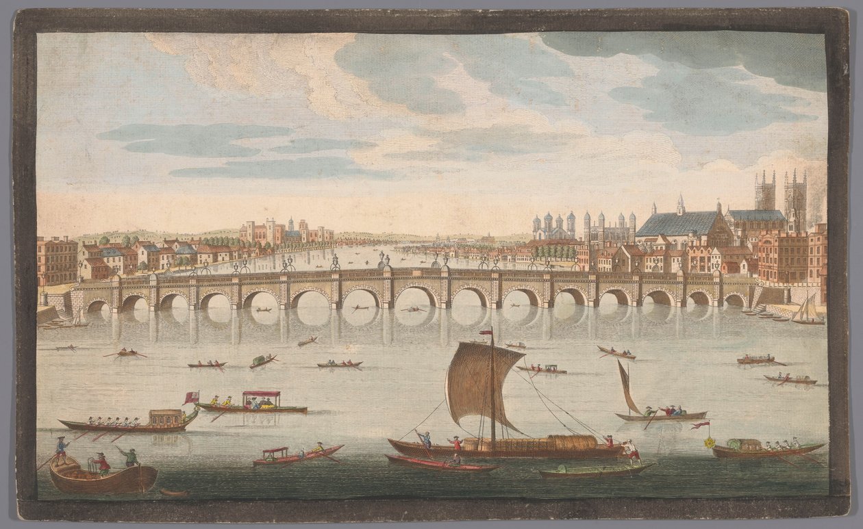 Näkymä Westminster Bridgeltä Thames-joen yli Lontoossa pohjoisesta katsottuna Etelänäkymä Westminster Bridgestä (otsikko esineessä) tekijältä Robert Sayer