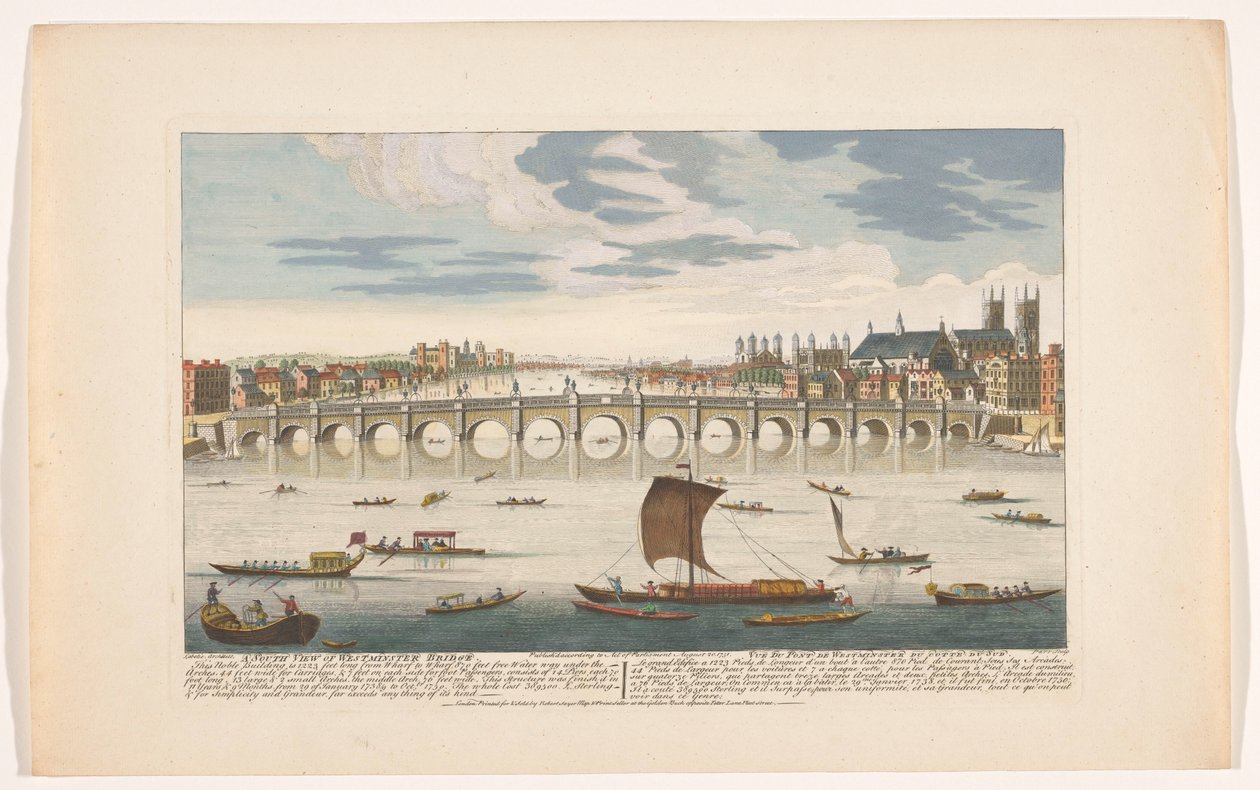 Näkymä Westminster Bridgeltä Thames-joen yli Lontoossa pohjoisesta katsottuna Etelänäkymä Westminster Bridgestä (otsikko esineessä) tekijältä Robert Sayer