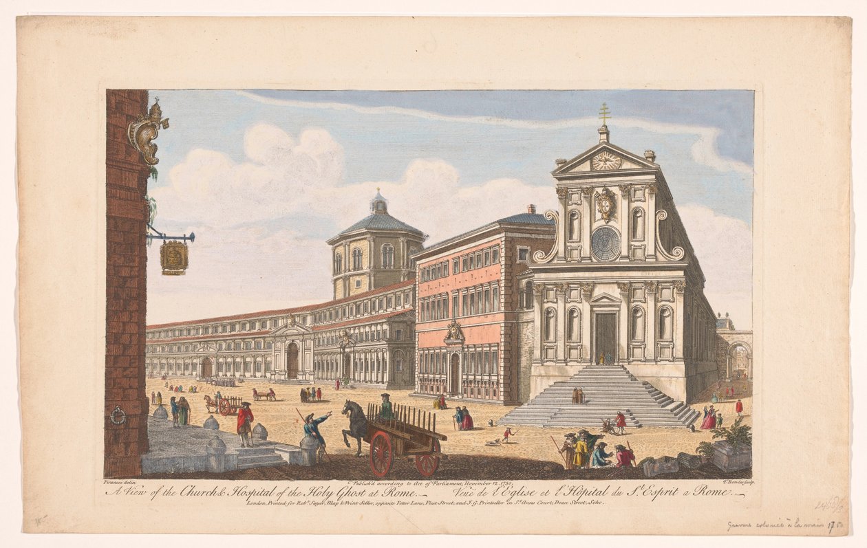 Gezicht op de kerk Santo Spirito Sassia te Roomassa Näkymä Rooman Pyhän Hengen kirkolle ja sairaalaan (otsikko esineessä) Rooma (sarjan nimi) tekijältä Robert Sayer
