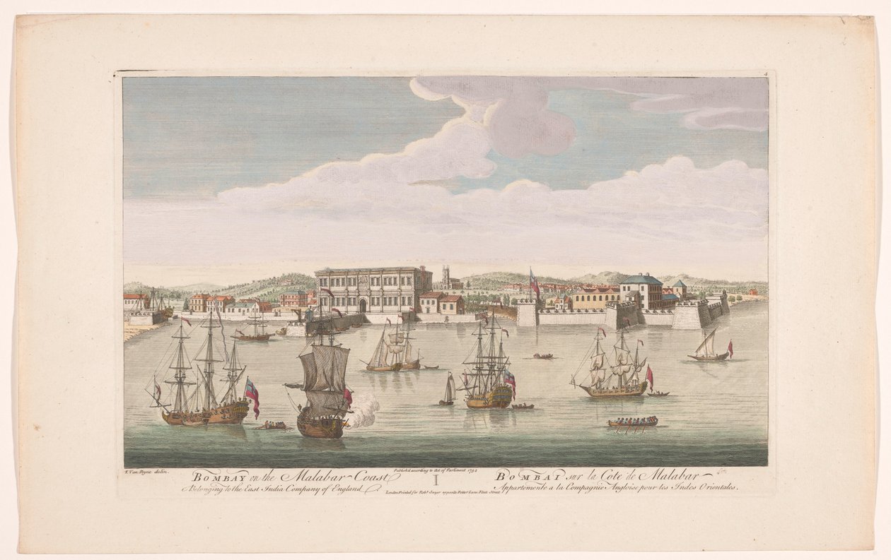 Näkymä Bombayn kaupunkiin Bombay Malabarin rannikolla, joka kuuluu East India Company of Englandille (otsikko esineessä) VOC-ratkaisut (sarjan nimi) tekijältä Robert Sayer