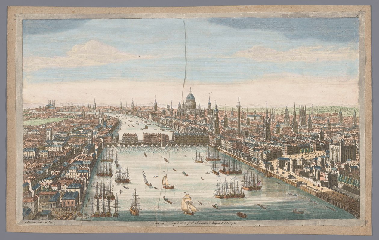 Näkymä Lontoon kaupunkiin Yleiskuva Lontoon kaupungista, Thames-joen vieressä (otsikko esineessä) Lontoo (sarjan nimi) tekijältä Robert Sayer
