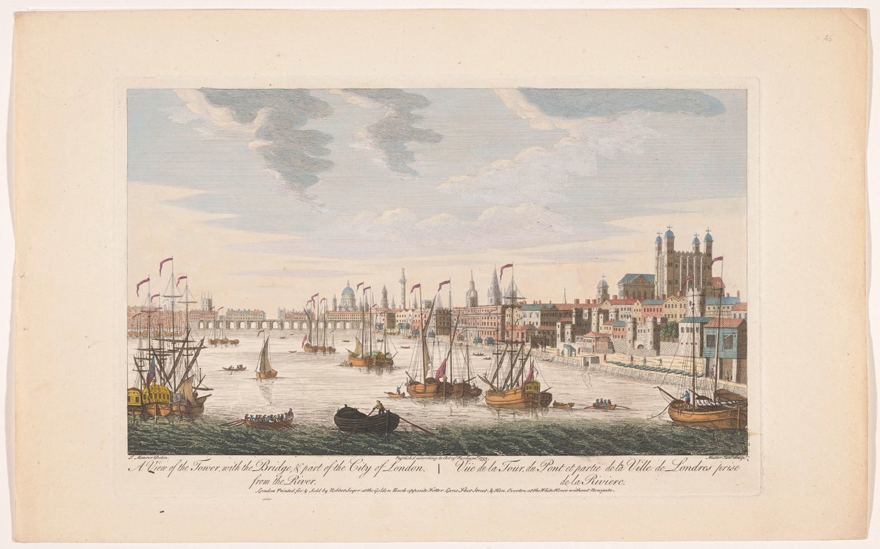 Näkymä Lontoon Cityyn Thames-joelta Näkymä Toweriin, siltaan ja osaan Lontoon kaupunkia. Joesta (otsikko esineessä) Lontoo (sarjan nimi) tekijältä Robert Sayer