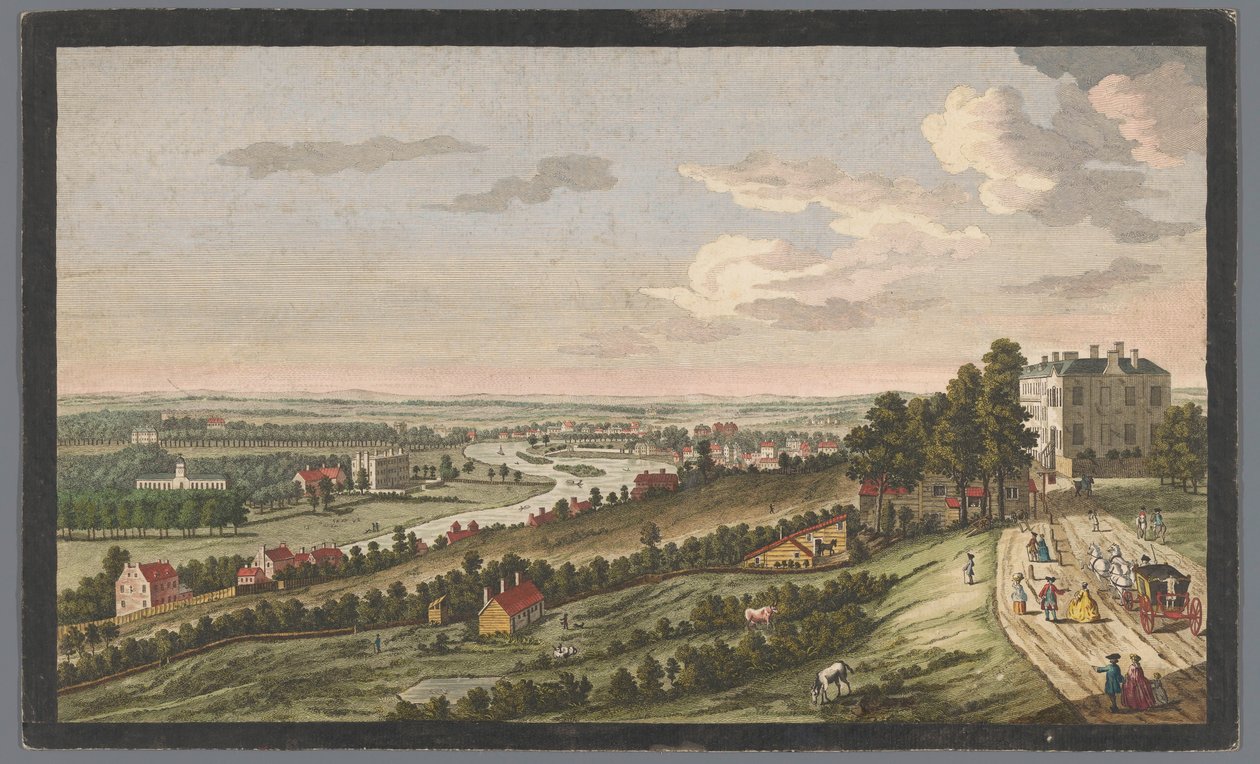 Näkymä Richmondin kaupunkiin Thames-joella Näkymä länteen Richmondista jne. Surryssa, tähdestä ja sukkanauhasta kukkulalla (otsikko esineessä) Thames (sarjan nimi) tekijältä Robert Sayer
