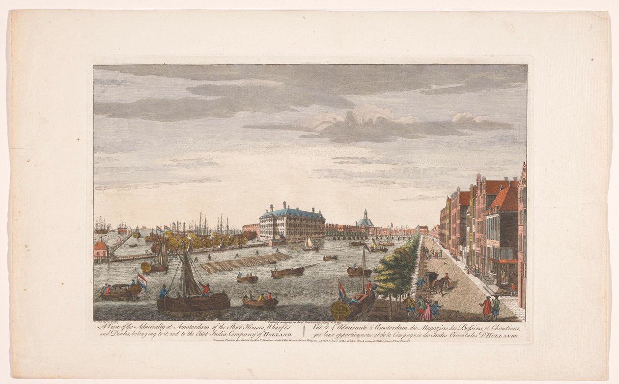 Gezicht op het Admiraliteitsmagazijn te Amsterdam Näkymä Amsterdamin amiraliteetista, siihen kuuluvista kauppataloista, laitureista ja telakoista sekä East India Company of Hollandista (otsikko esineessä) Hollanti (sarjan nimi) tekijältä Robert Sayer