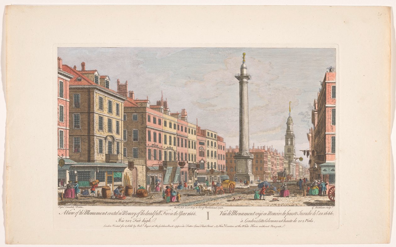 Gezicht op het Lontoon suuren tulipalon muistomerkki Näkymä muistomerkille, joka on pystytetty kauhistuttavan tulipalon muistoksi vuonna 1666 (...) (nimi esineessä) London (sarjan nimi) tekijältä Robert Sayer