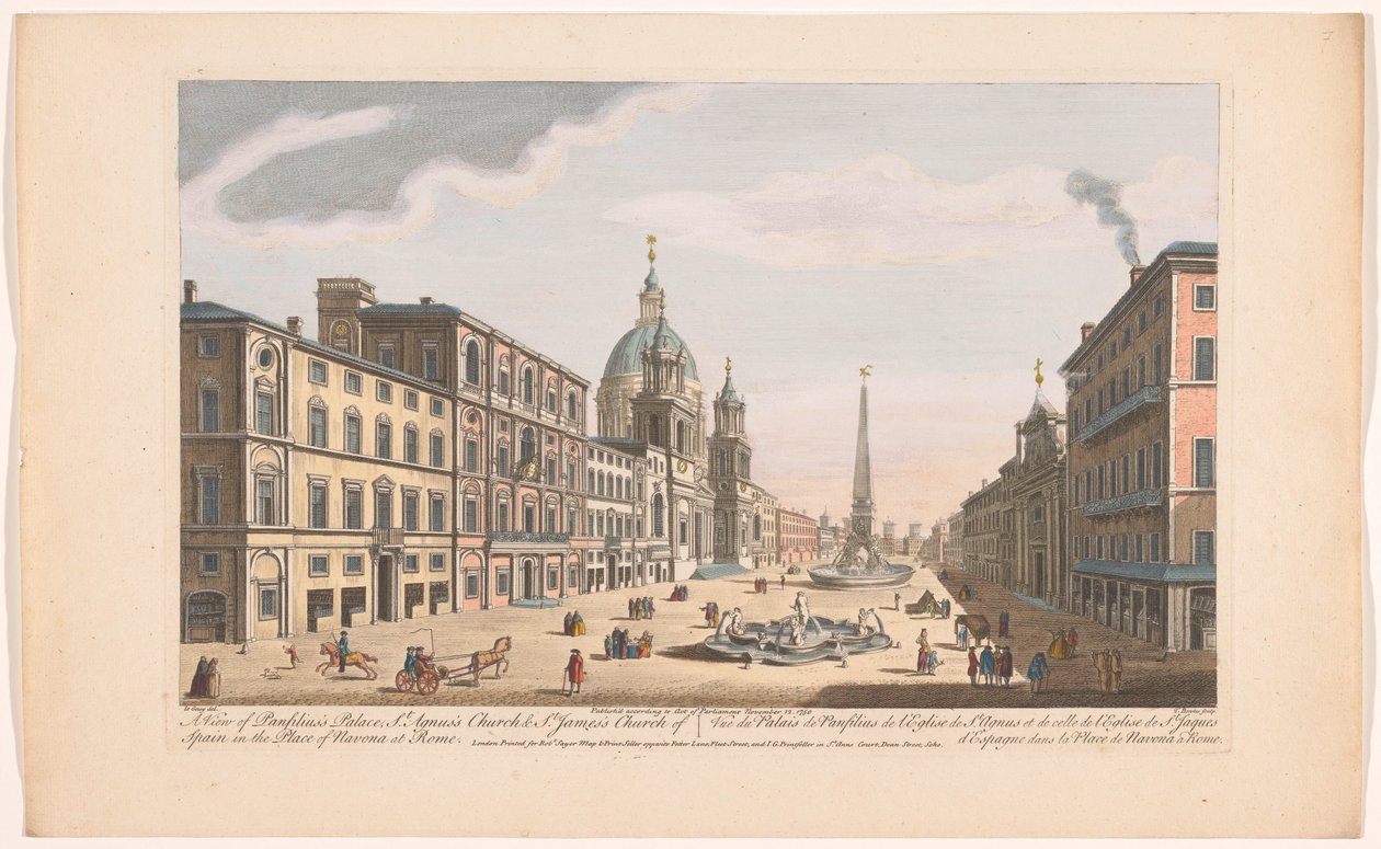 Gezicht op het Palazzo Pamphili ja Piazza Navona te Roomassa Näkymä Panfiliuksen palatsille, Pyhän Agnuksen kirkolle ja Espanjan Pyhän Jaakobin kirkolle Navonan paikalla Roomassa (otsikko esineessä) Rooma (sarjan nimi) tekijältä Robert Sayer