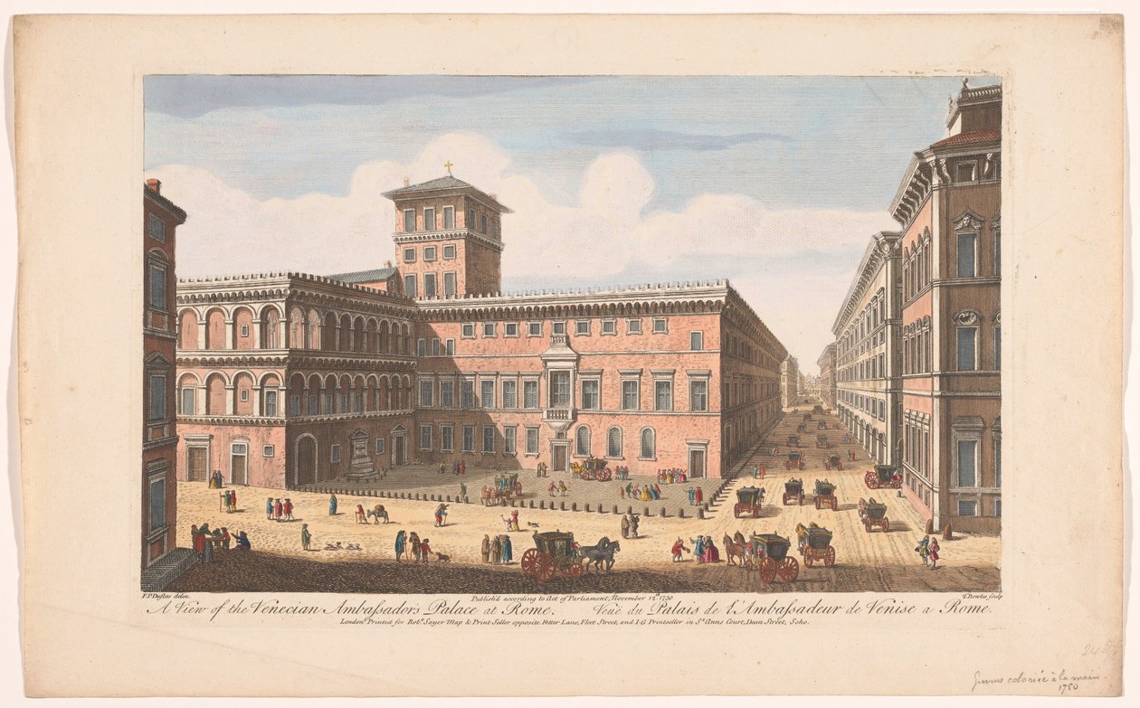 Gezicht op het Palazzo Venezia te Rooma Näkymä Venetsian suurlähettiläspalatsista Roomassa (otsikko esineessä) Rooma (sarjan nimi) tekijältä Robert Sayer