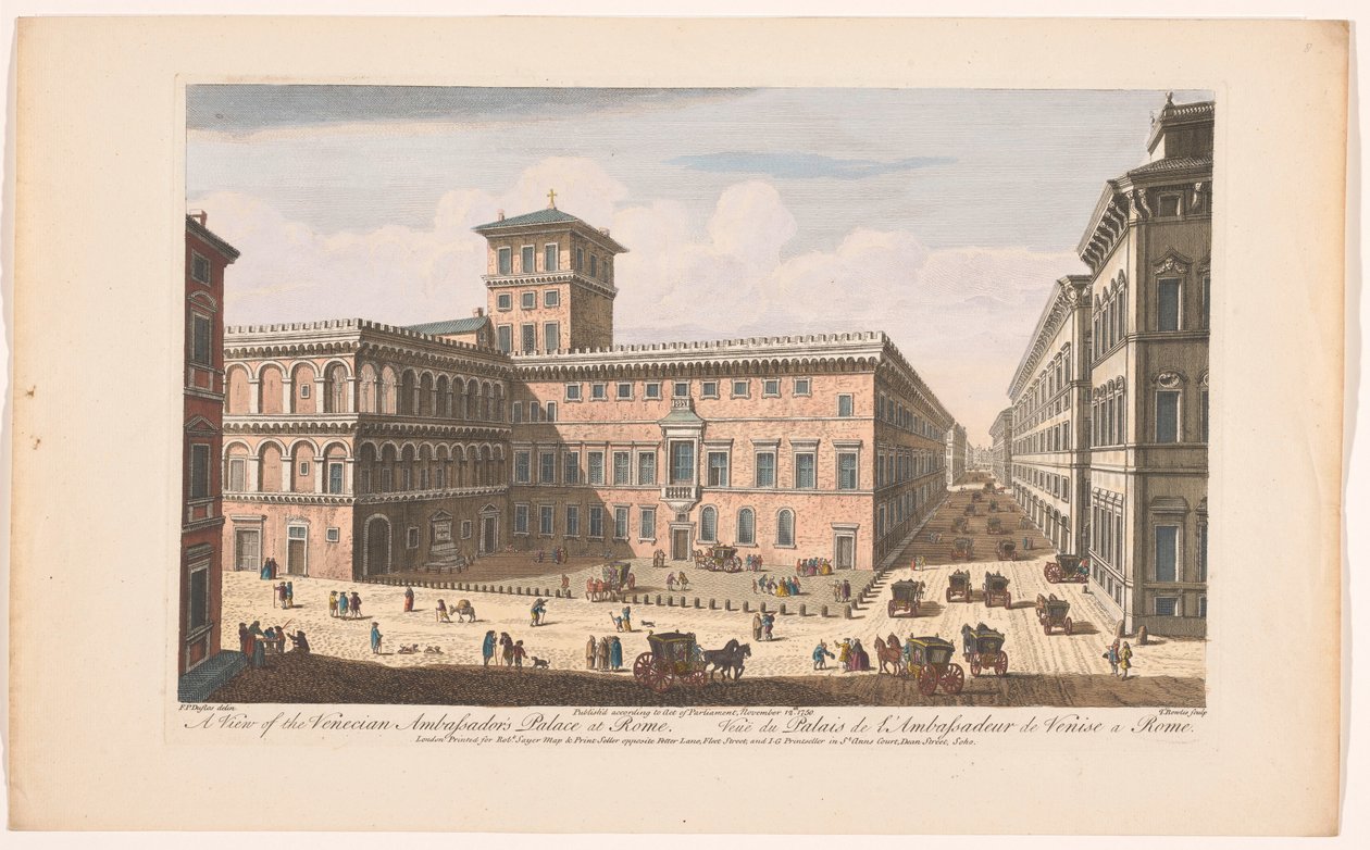 Gezicht op het Palazzo Venezia te Rooma Näkymä Venetsian suurlähettiläspalatsista Roomassa (otsikko esineessä) Rooma (sarjan nimi) tekijältä Robert Sayer