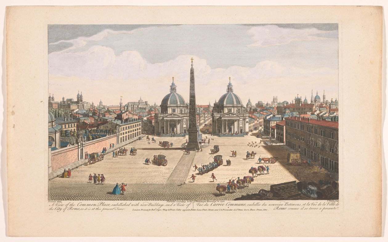 Gezicht op het Piazza del Popolo te Rome Näkymä Common Placelle, koristeltu uusilla rakennuksilla, ja näkymä Rooman kaupunkiin, sellaisena kuin se on tällä hetkellä (otsikko esineessä) Rooma (sarjan nimi) tekijältä Robert Sayer