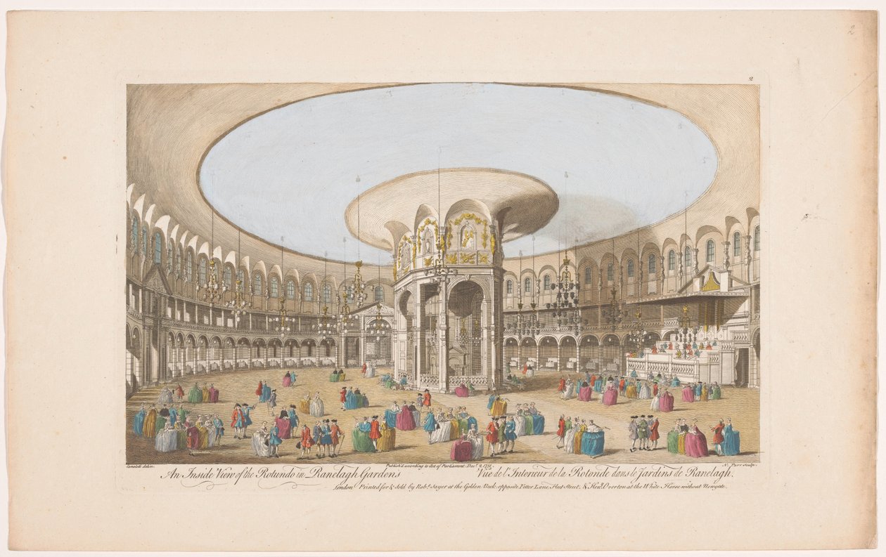 Näkymä Rotundan sisätiloihin Ranelagh Gardensissa Lontoossa Sisäkuva Rotundosta Ranelagh Gardensissa (otsikko esineessä) Ranelagh Gardens ja Vauxhall Gardens (sarjan nimi) tekijältä Robert Sayer