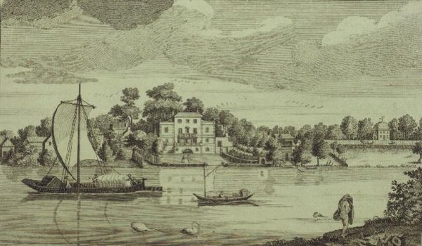 Näkymä vietettyyn herra paavin taloon Twickenhamissa, n. 1750 (kaiverrus) tekijältä Robert Sayer