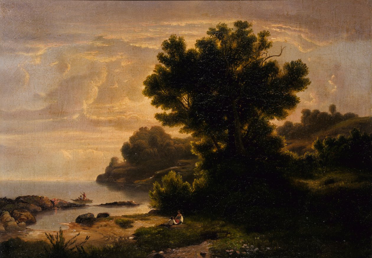 Maisema perheen kanssa järven rannalla, 1858. tekijältä Robert Seldon Duncanson