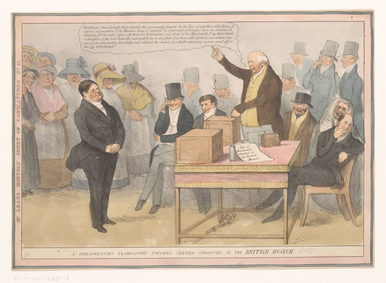 Kohdealue British Museumissa Parlamentin tarkastus, joka koskettaa tiettyjä omituisuuksia British Museumissa (otsikko esineessä) Karikatyyrien kuukausilehti nro 41. (otsikko esineessä) tekijältä Robert Seymour (possibly)