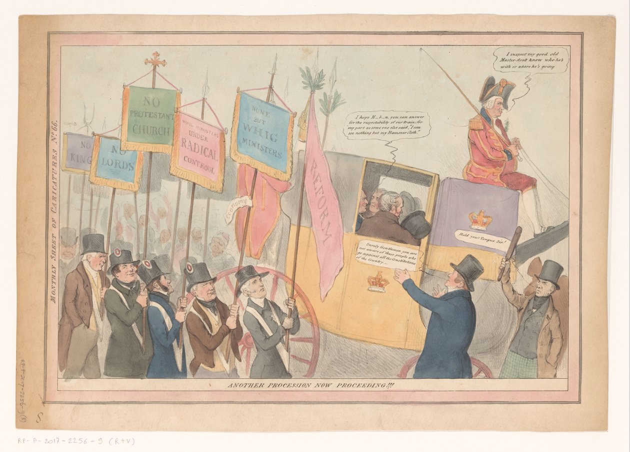 Sarjakuva Englannin sisäpolitiikasta Toinen kulkue nyt käynnissä!!! (otsikko esineessä) Kuukausittainen karikatyyrilehti nro. 66. (otsikko objektissa) tekijältä Robert Seymour (possibly)