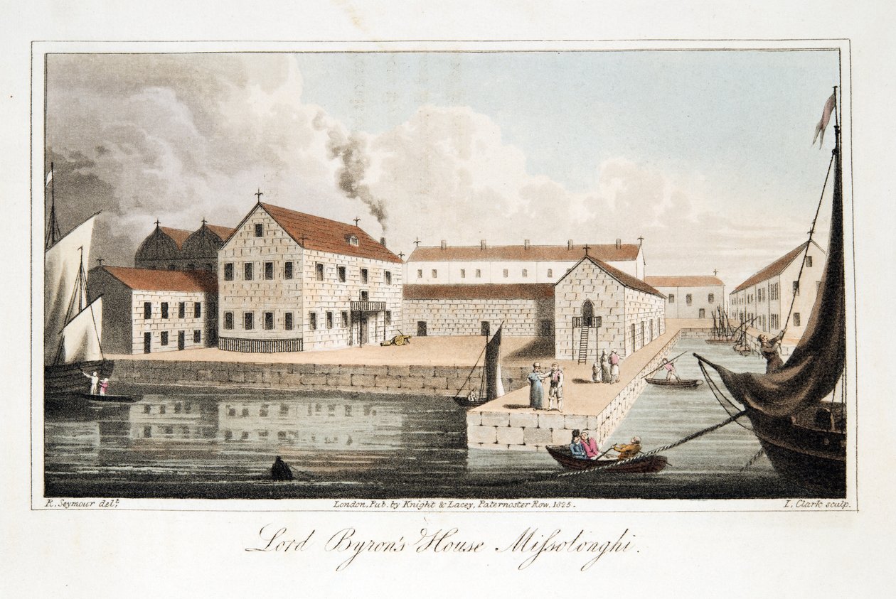 Lord Byronin talo Missolonghissa, William Parryn teoksesta The Last Days of Lord Byron, pub. 1825 (käsinvärinen kaiverrus) tekijältä Robert Seymour