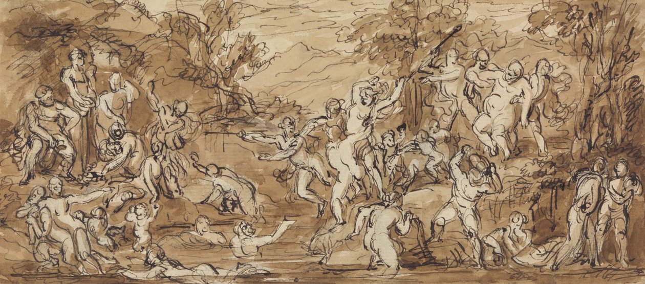 Kuvatutkimus Bacchanalia-juhlasta metsämaisemassa tekijältä Robert Smirke