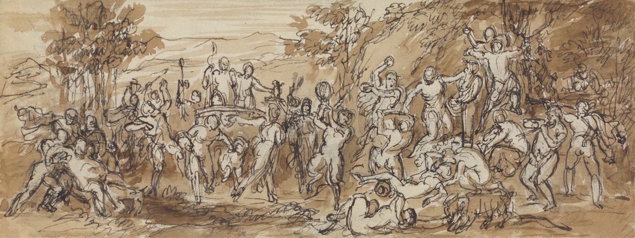 Kuvatutkimus Bacchanalia-juhlasta metsämaisemassa tekijältä Robert Smirke