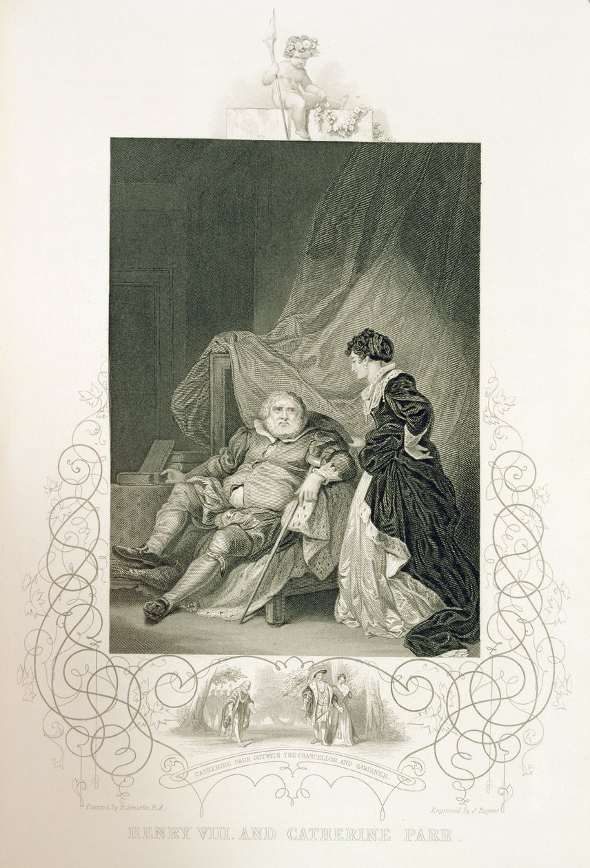 Henrik VIII ja Katariina Parr William Shakespearen (1564-1616) näytelmässä Henrik VIII eli "Kaikki on totta", kaiverrettu J. Rogersin toimesta. tekijältä Robert Smirke
