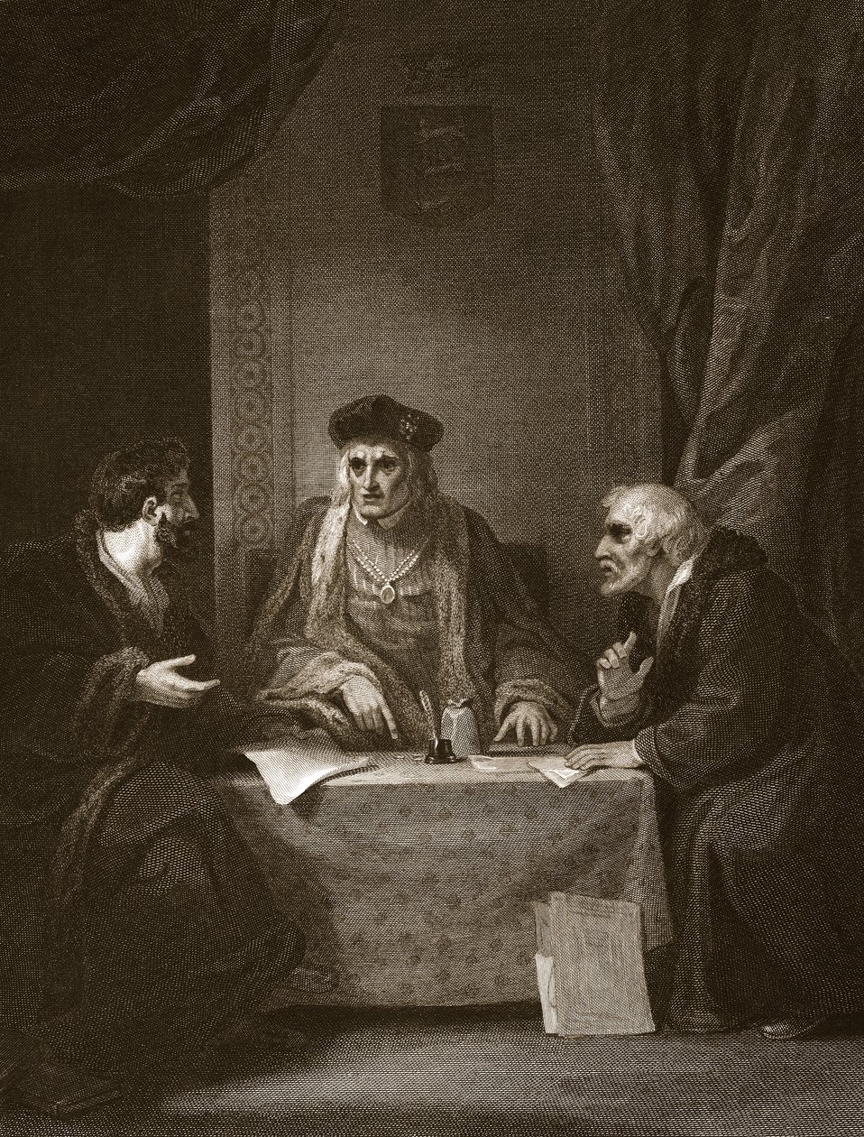 Henrik VII Empsonin ja Dudleyn kanssa, kaiverrettu Worthingtonin toimesta, kuvitus David Humen teoksesta 