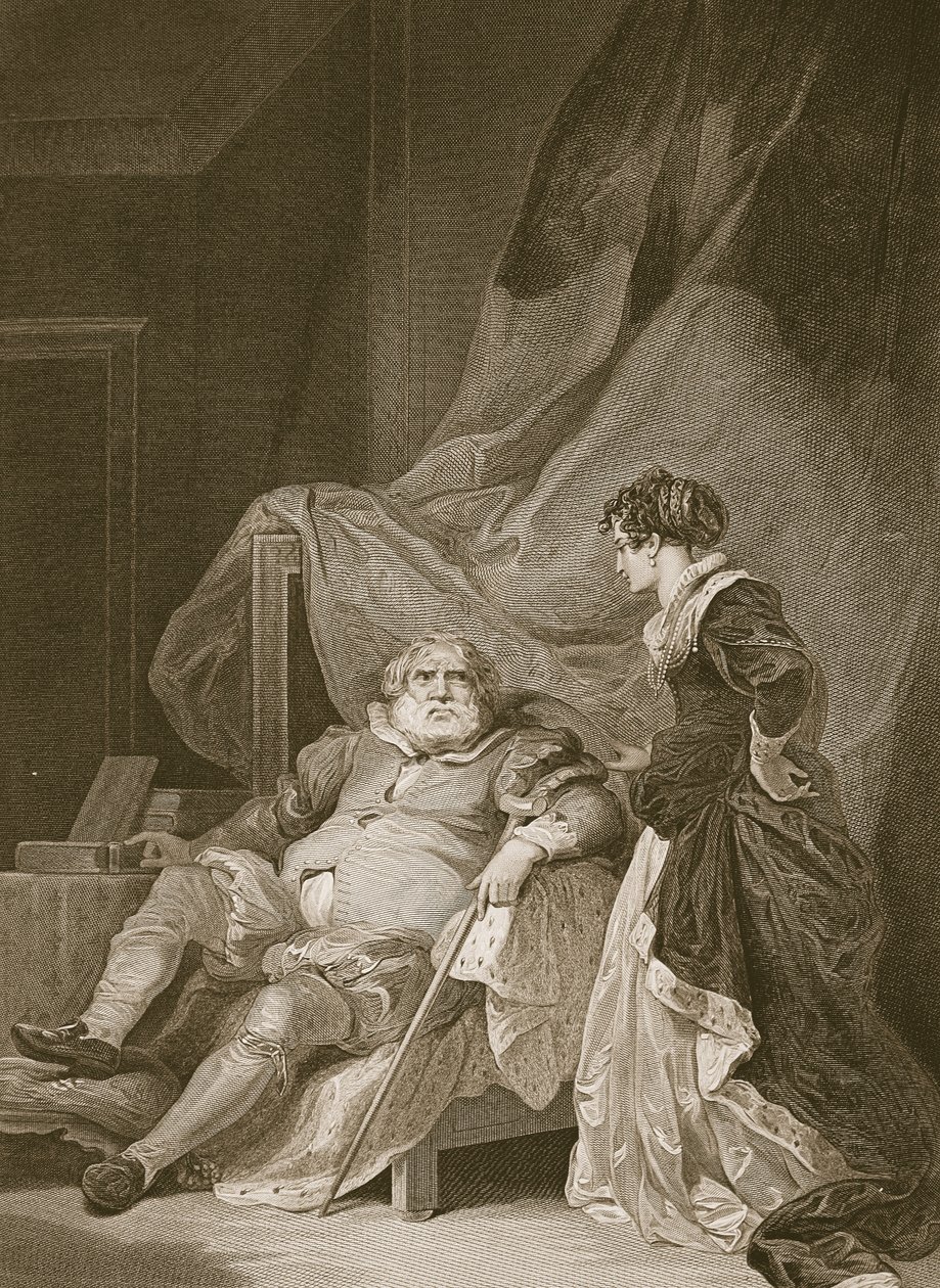 Henry 8th ja Catherine Parr, kaiverrus George Noble, kuvitus David Humen Englannin historiasta, pub. R. Bowyer, Lontoo, 1812 tekijältä Robert Smirke