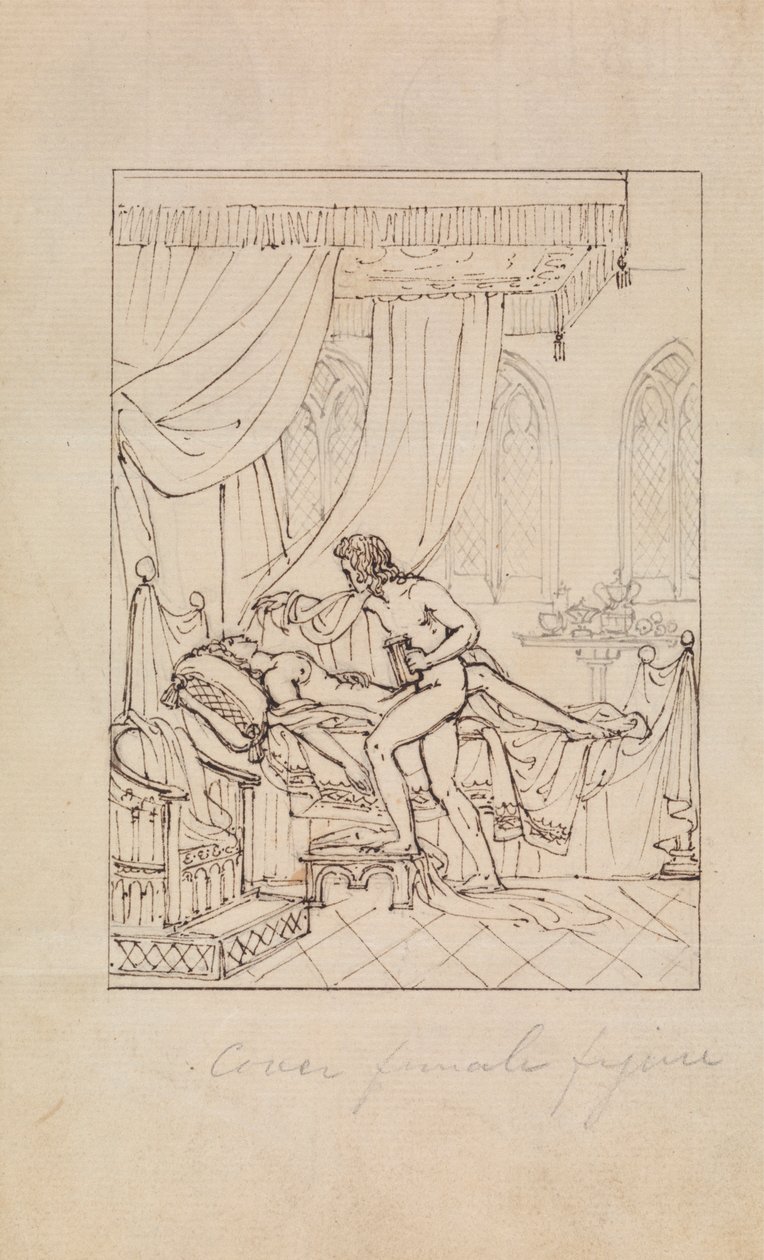Estudo de uma mulher dormindo em seu quarto e um homem de pé sobre seu bedfinnish tekijältä Robert Smirke