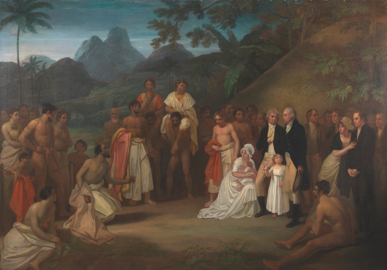 Otaheiten saarella (Tahiti) sijaitsevan Matavain piirin luovutus kapteeni James Wilsonille. tekijältä Robert Smirke