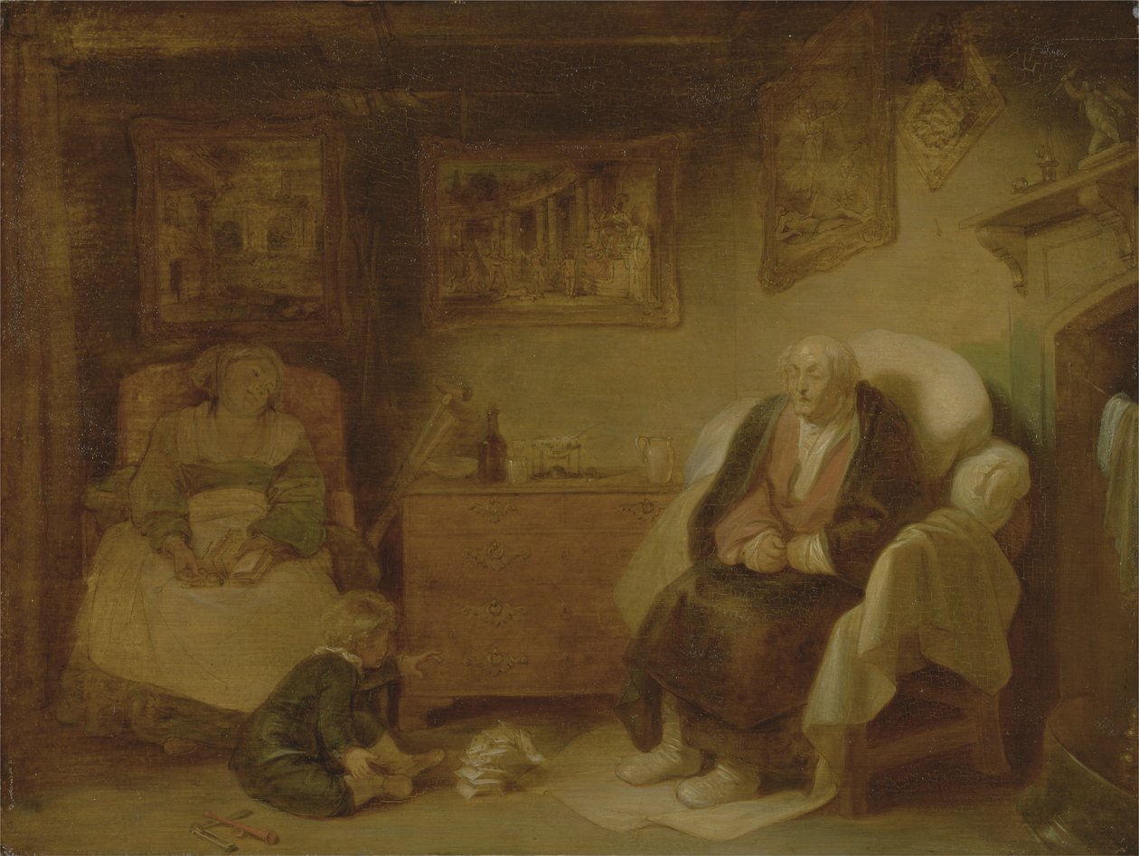 Ihmisen seitsemän aikakautta: Toinen lapsellisuus, II näytös, kohtaus vii William Shakespearen "As You Like It" -kappaleesta (kynä & muste ja öljy paperille) tekijältä Robert Smirke