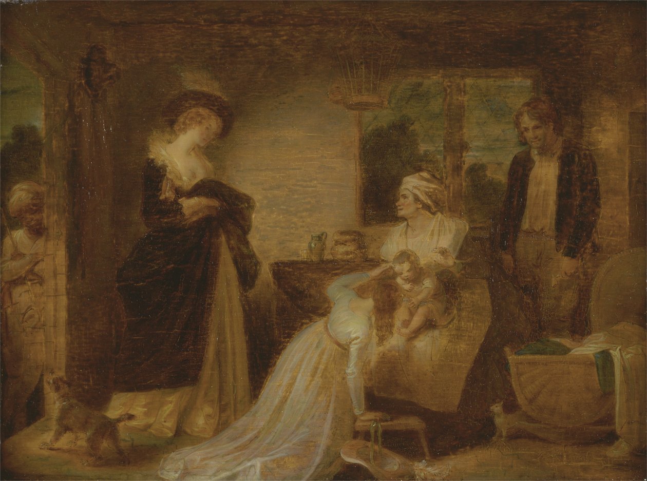 The Seven Ages of Man: The Infant (toisesta näytöksestä, William Shakespearen "As You Like it" kohtaus vii) n. 1798-1801 (kynä & muste ja öljy paneelille) tekijältä Robert Smirke